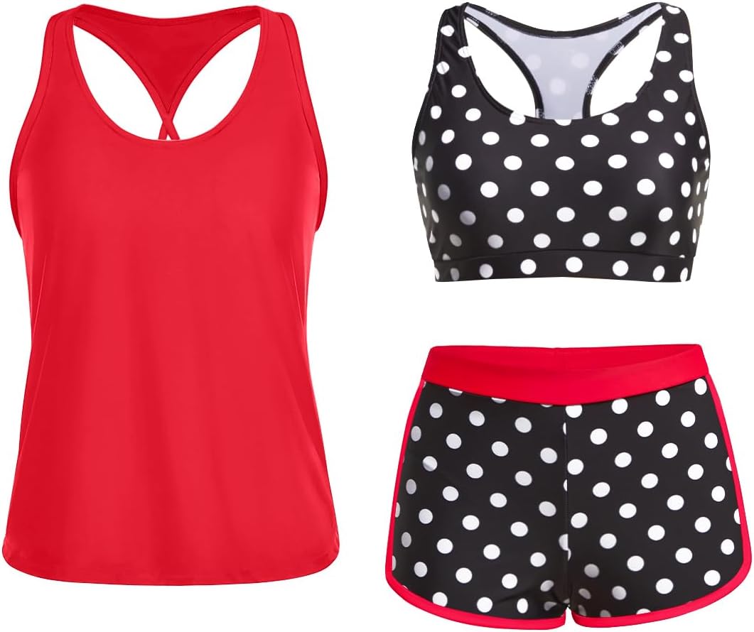 3 Piece Athletic  Swimsuits for Women with Shorts Swim Tank Tops with Sports Bra and Boyshorts Bathing Suits