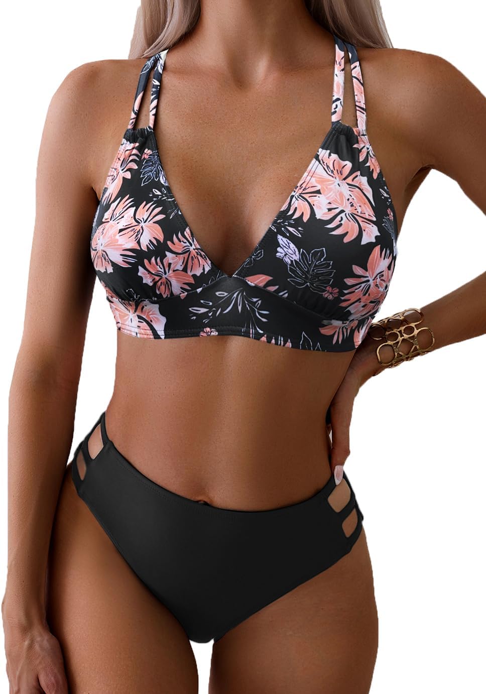 Women's Sexy V Neck Bikini Sets Hollow Out Two Piece Swimsuits Cutout Mid Waist Bathing Suit