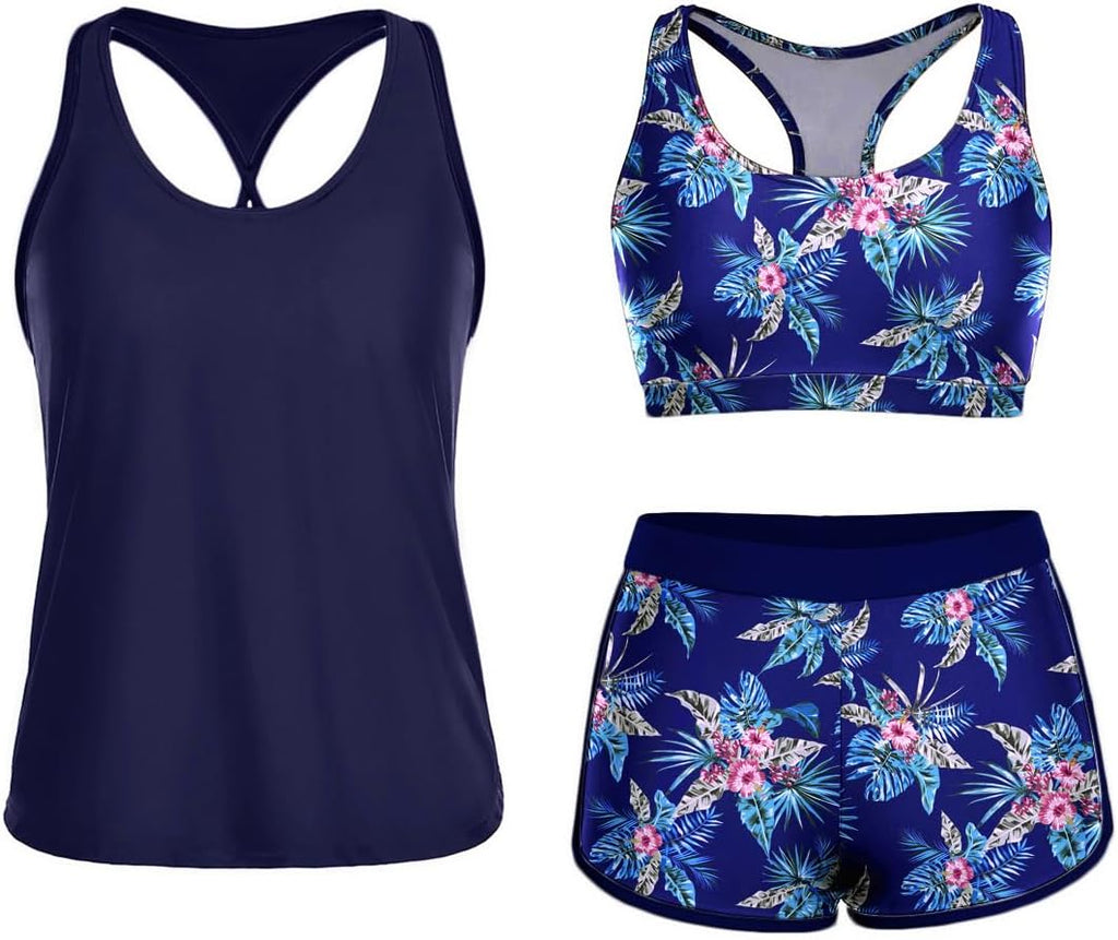 3 Piece Athletic  Swimsuits for Women with Shorts Swim Tank Tops with Sports Bra and Boyshorts Bathing Suits