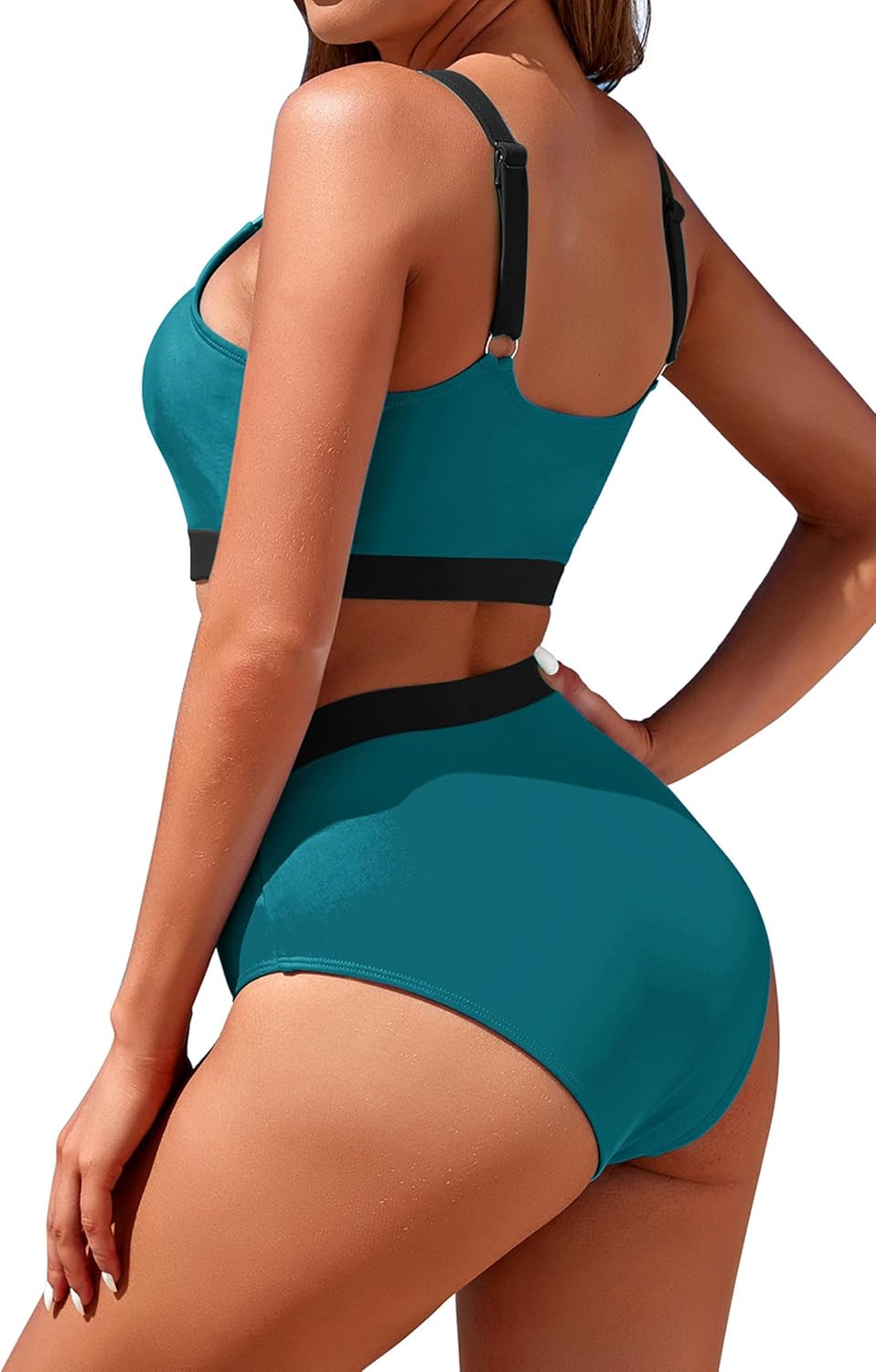 Womens High Waisted Bikini Sets Sporty Crop Top Color Block Swimwear Bandeau Scoop Neck Vintage Two Piece Bathing Suits