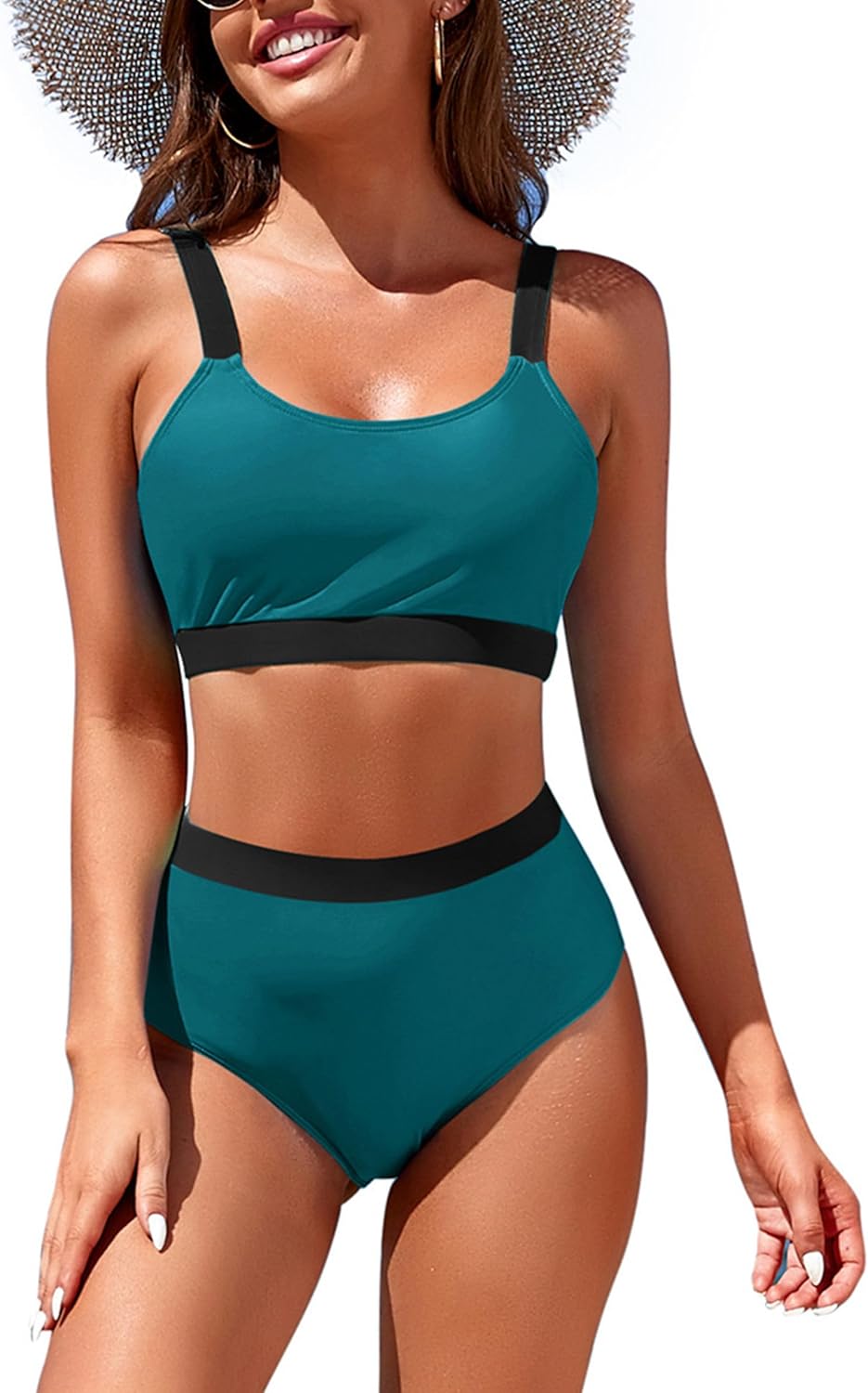 Womens High Waisted Bikini Sets Sporty Crop Top Color Block Swimwear Bandeau Scoop Neck Vintage Two Piece Bathing Suits