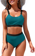 Womens High Waisted Bikini Sets Sporty Crop Top Color Block Swimwear Bandeau Scoop Neck Vintage Two Piece Bathing Suits