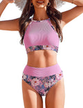Women's Bikini Sets High Neck Ribbed Two Pieces Swimsuit Tummy Control Bathing Suits High Waisted Swimwear 2025